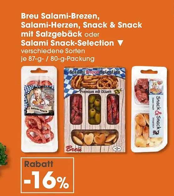 Breu Salami-Brezen, Salami-Herzen, Snack & Snack mit Salzgebäck oder Salami Snack-Selection – verschiedene Sorten je 87-g- / 80-g-Packung
