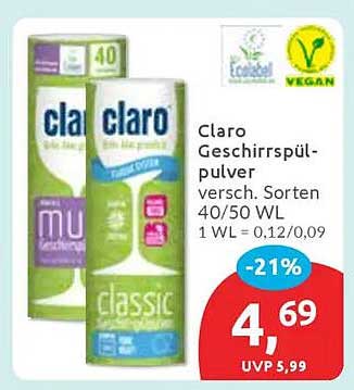 Claro Geschirrspülpulver – Verschiedene Sorten 40/50 WL