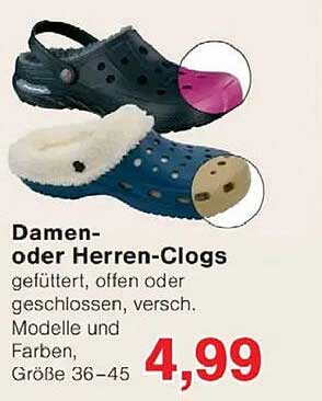 Damen- oder Herren-Clogs gefüttert, offen oder geschlossen, verschiede Modelle und Farben, Größe 36-45