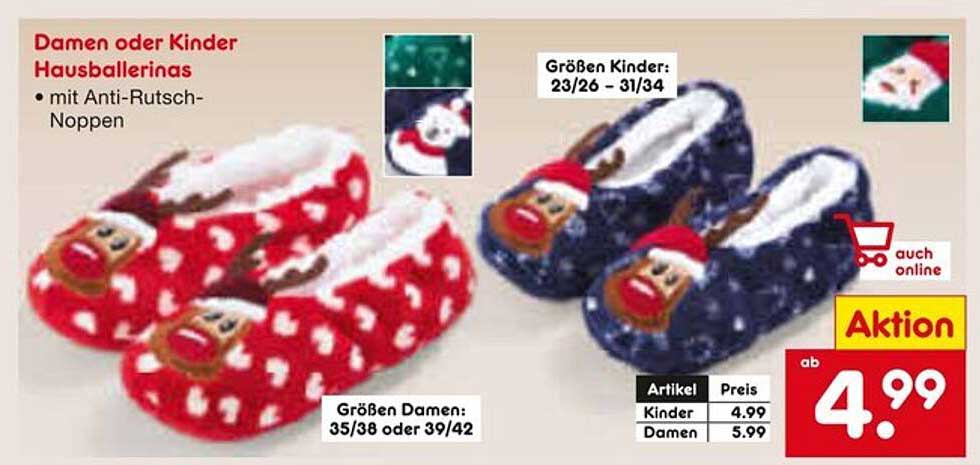 Damen oder Kinder Hausballerinas mit Anti-Rutsch-Noppen