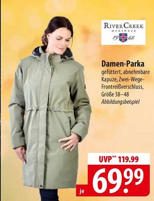 Damen-Parka gefüttert, abnehmbare Kapuze, Zwei-Wege-Frontreißverschluss, Größe 38-48