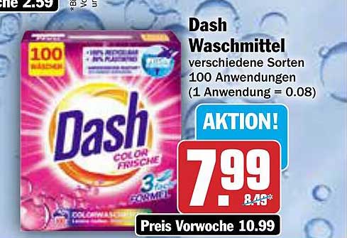 Dash Waschmittel verschiedene Sorten 100 Anwendungen (1 Anwendung = 0.08)