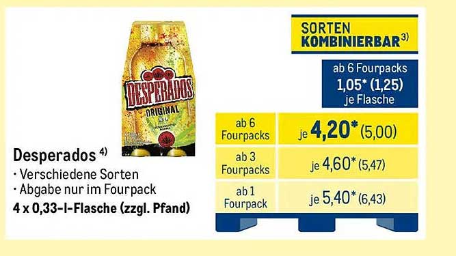 Desperados Bier 4 x 0,33 l Flasche
