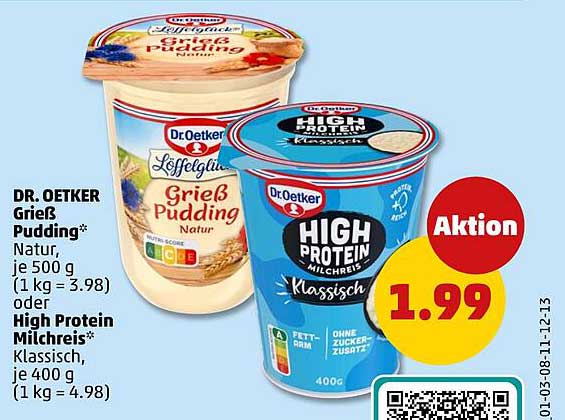 DR. OETKER Grieß Pudding* Natur, je 500 g oder High Protein Milchreis* Klassisch, je 400 g
