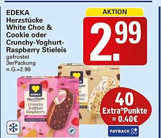 EDEKA Herzstücke White Choc & Cookie oder Crunchy-Yoghurt-Raspberry Stieleis