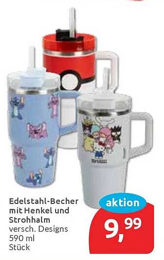 Edelstahl-Becher mit Henkel und Strohhalm – verschiedene Designs
