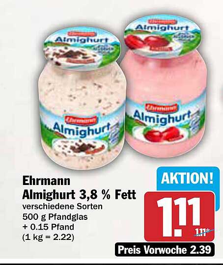 Ehrmann Almighurt 3,8 % Fett – verschiedene Sorten 500 g + 0,15 Pfand