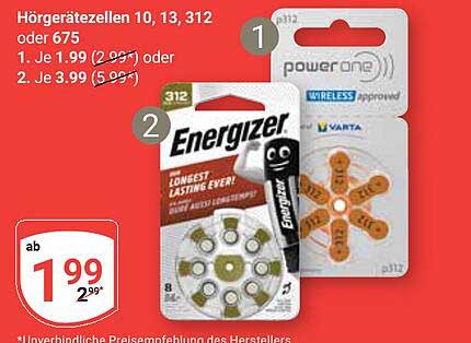 Energizer Hörgerätebatterien 10, 13, 312 oder 675