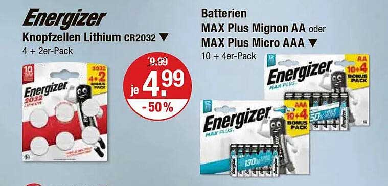Energizer Knopfzellen Lithium CR2032 und MAX Plus Batterien im Angebot