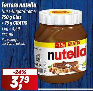 Ferrero Nutella Nuss-Nougat-Creme 750 g Glas + 75 g GRATIS