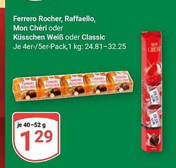 Ferrero Rocher, Raffaello, Mon Chéri oder Küsschen Weiß oder Classic je 4er-/5er-Pack