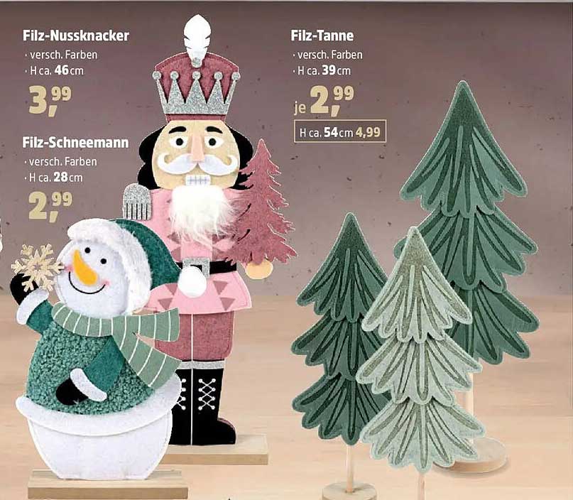 Filz-Nussknacker, Filz-Schneemann und Filz-Tanne