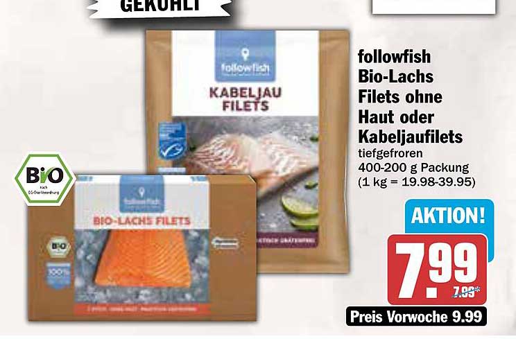 followfish Bio-Lachs Filets ohne Haut oder Kabeljaufilets tiefgefroren