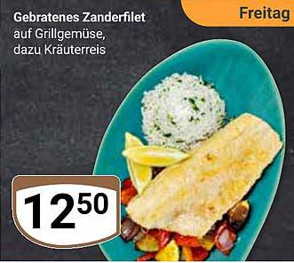 Gebratenes Zanderfilet auf Grillgemüse, dazu Kräuterreis
