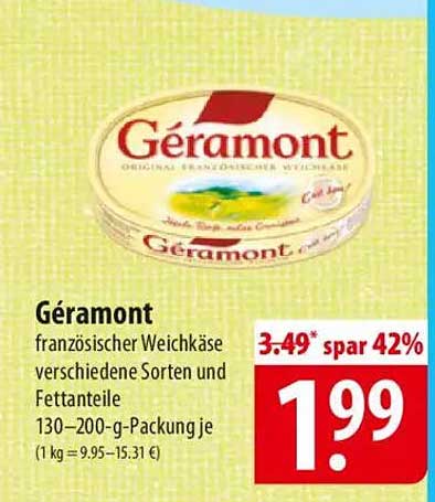 Géramont französischer Weichkäse verschiedene Sorten und Fettanteile 130–200-g-Packung je