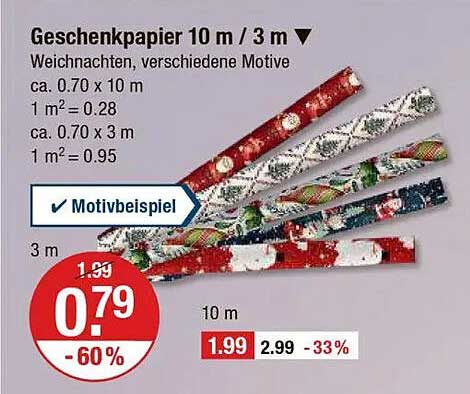 Geschenkpapier 10 m / 3 m - Weihnachten, verschiedene Motive