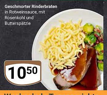Geschmorter Rinderbraten in Rotweinsauce, mit Rosenkohl und Butterspätzle