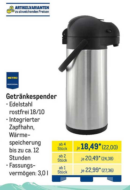 Getränkespenders Edelstahl rostfrei 18/10 mit integriertem Zapfhahn