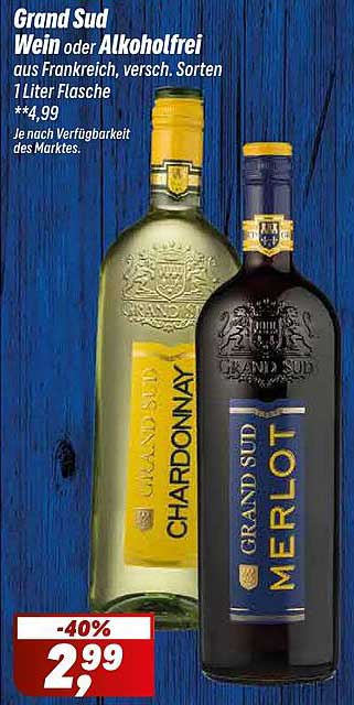 Grand Sud Wein oder Alkoholfrei aus Frankreich, verschiedene Sorten – 1 Liter Flasche