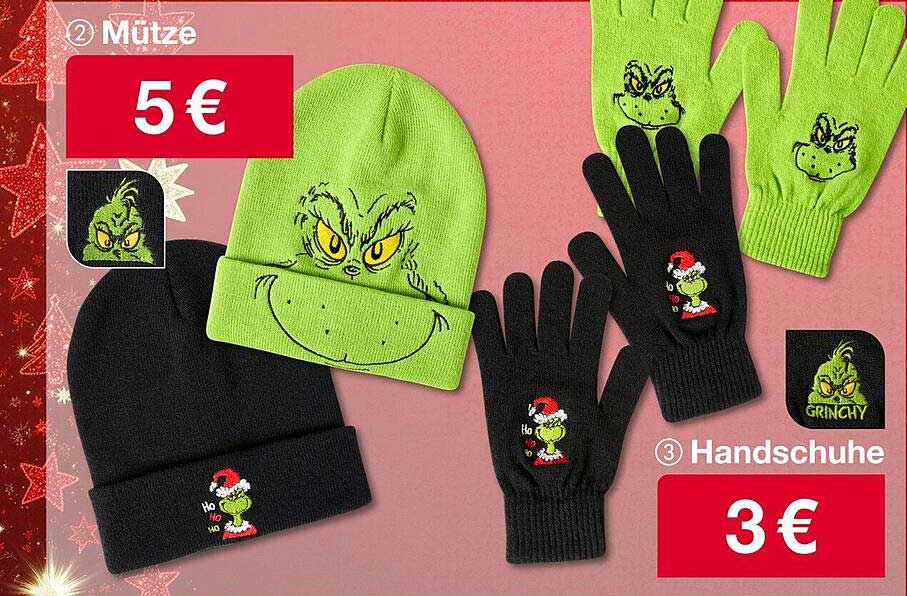 Grinch Mütze und Handschuhe für nur 5 € bzw. 3 €