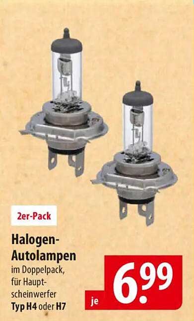 Halogen-Autolampen im Doppelpack für Hauptscheinwerfer Typ H4 oder H7