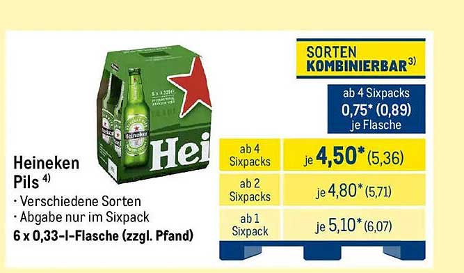 Heineken Pils 6 x 0,33-l-Flasche (zzgl. Pfand)