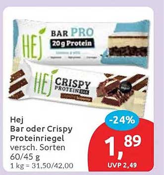 Hej Bar oder Crispy Proteinriegel verschiedene Sorten
