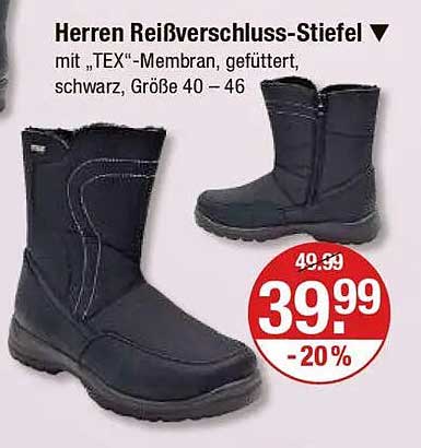 Herren Reißverschluss-Stiefel mit ‚TEX‘-Membran, gefüttert, schwarz, Größe 40 – 46