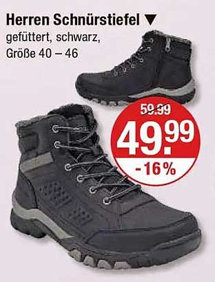 Herren Schnürstiefel – gefüttert, schwarz, Größe 40 – 46