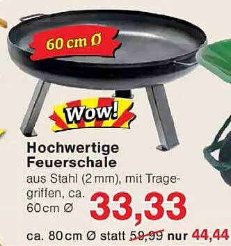 Hochwertige Feuerschale aus Stahl mit Traggriffen, 60 cm Ø