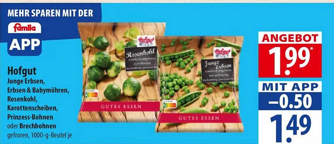 Hofgut Junge Erbsen, Erbsen & Babymöhren, Rosenkohl, Karottenscheiben, Prinzess-Bohnen oder Brechbohnen gefroren, 1000-g-Beutel