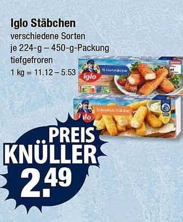 Iglo Stäbchen verschiedene Sorten je 224-g- 450-g-Packung tiefgefroren