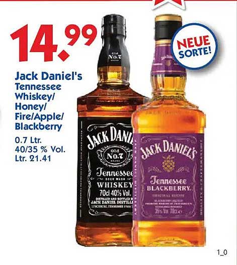 Jack Daniel's Tennessee Whiskey/Honey/Fire/Apple/Blackberry 0.7 Ltr.