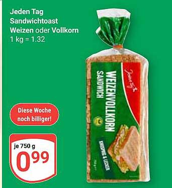 Jeden Tag Sandwichtoast Weizen oder Vollkorn