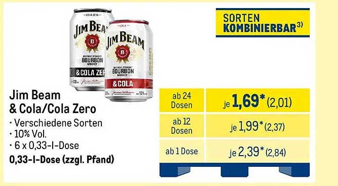 Jim Beam & Cola/Cola Zero - 0,33 l Dose