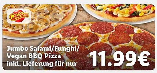 Jumbo Salami/Funghi/Vegan BBQ Pizza inkl. Lieferung für nur 11,99€