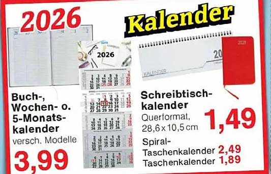 Kalender 2026 - Buch-, Wochen- oder 5-Monatskalender in verschiedenen Modellen