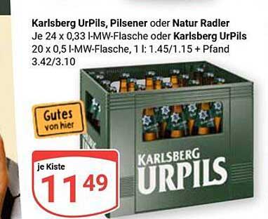 Karlsberg UrPils, Pilsener oder Natur Radler je 24 x 0,33 I-MW-Flasche oder Karlsberg UrPils 20 x 0,5 I-MW-Flasche