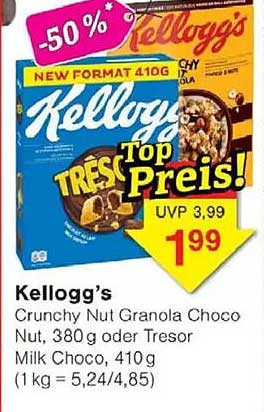 Kellogg’s Crunchy Nut Granola Choco Nut, 380 g oder Tresor Milk Choco, 410 g