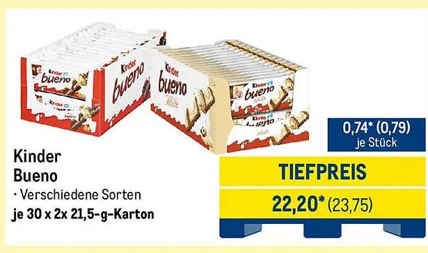 Kinder Bueno - Verschiedene Sorten im 30 x 2 x 21,5-g-Karton