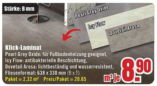 Klick-Laminat 8 mm – Pearl Grey Oxide, Icy Flow, Dovetail Arosa