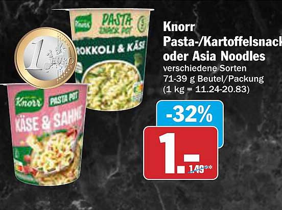 Knorr Pasta-/Kartoffelsnack oder Asia Noodles - verschiedene Sorten