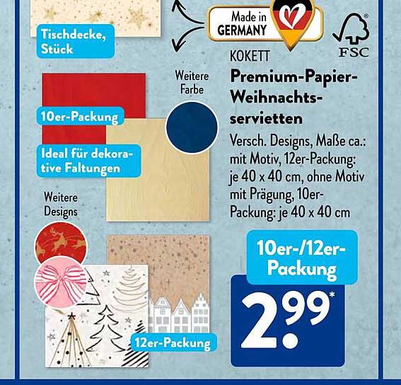 KOKETT Premium-Papier-Weihnachtsservietten 10er-/12er-Packung