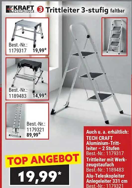 KRAFT Werkzeuge 3-stufige Trittleiter faltbar