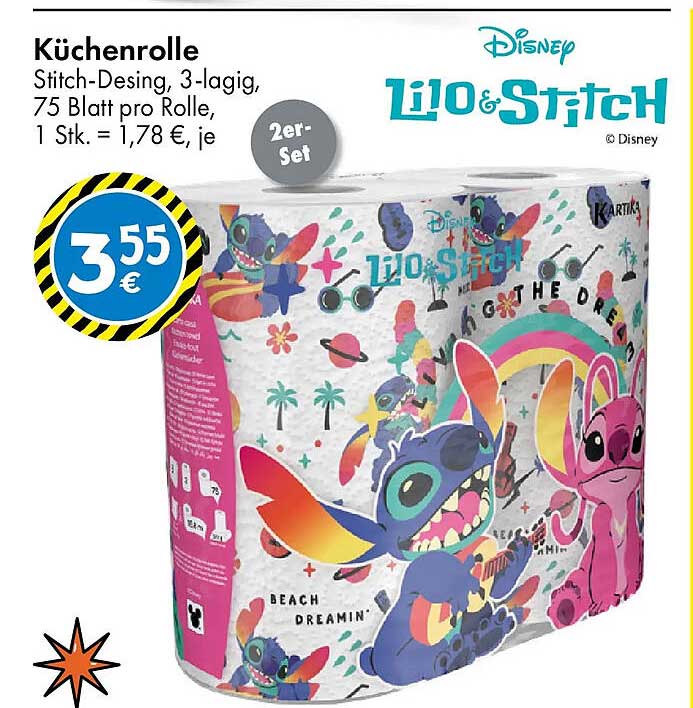 Küchenrolle Lilo & Stitch, 3-lagig, 75 Blatt pro Rolle