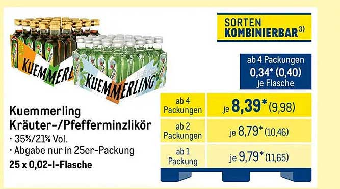 Kuemmerling Kräuter-/Pfefferminzlikör 25 x 0,02 l-Flasche