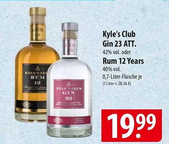 Kyle’s Club Gin 23 ATT. oder Rum 12 Years 0,7-Liter-Flasche je