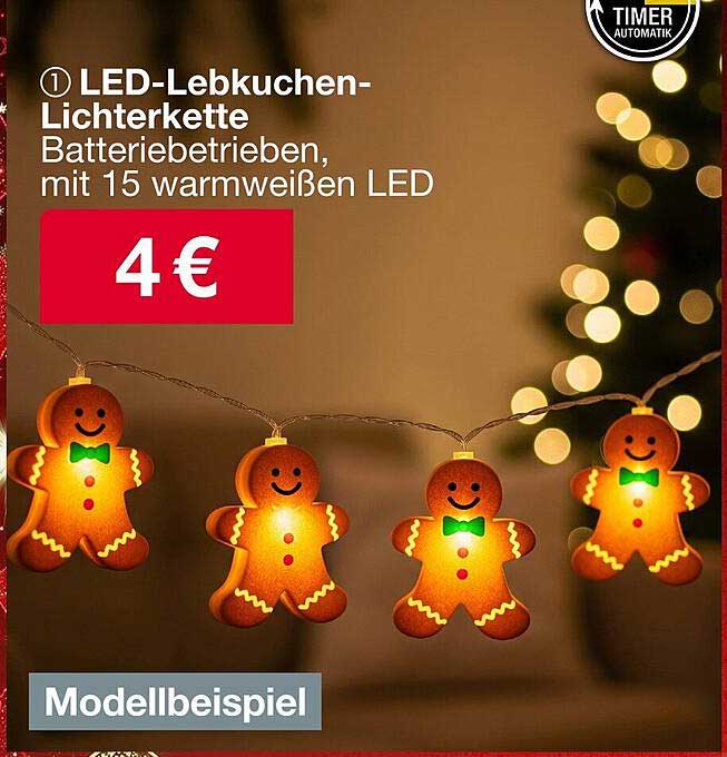 LED-Lebkuchen-Lichterkette Batterie betrieben, mit 15 warmweißen LED