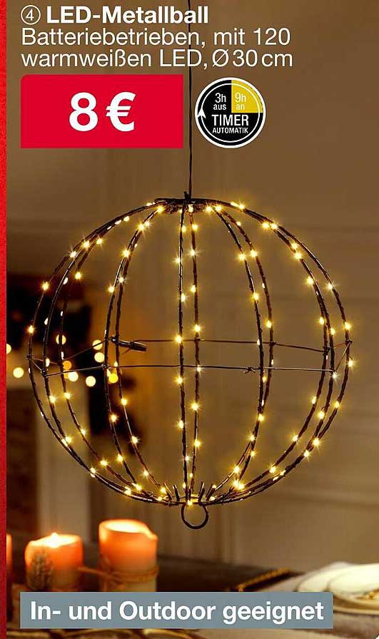 LED-Metallball, batteriebetrieben, mit 120 warmweißen LEDs, Ø 30 cm