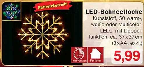 LED-Schneeflocke - Kunststoff, 50 warm-weiße oder Multicolor-LEDs